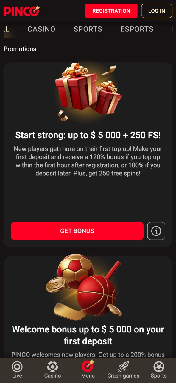 Claim your Pinco welcome bonus in the app.