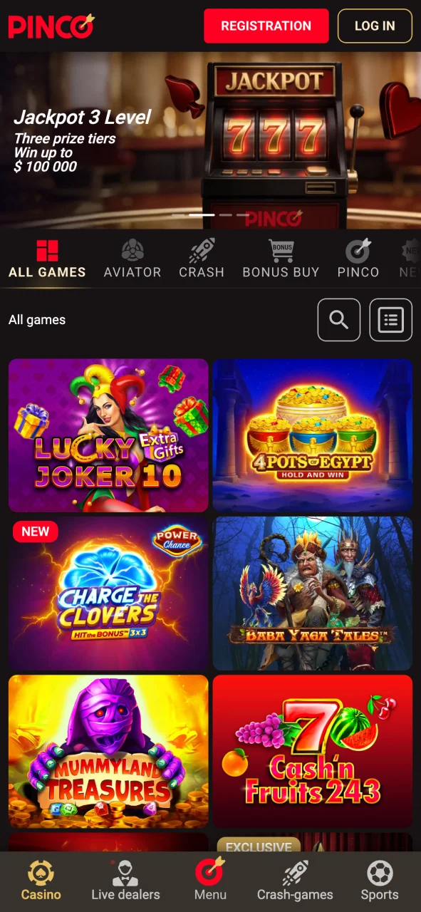 Explore the Pinco app casino game lobby.