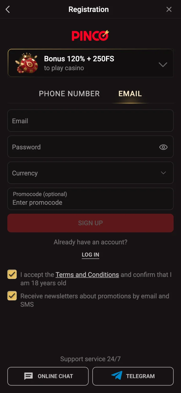 Fill in the Pinco app registration form.