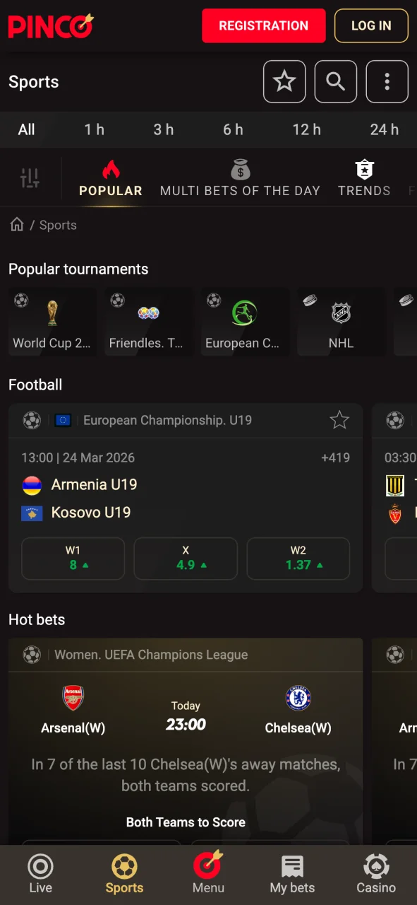 View the Pinco app sportsbook dashboard.