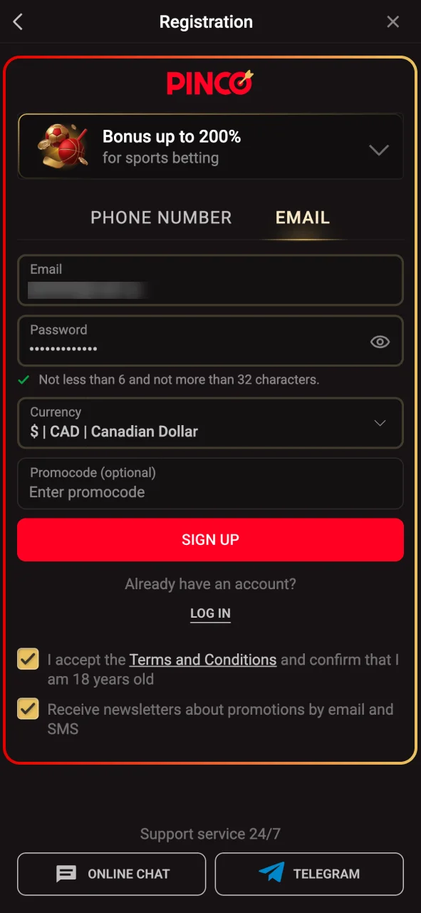 Tap Sign Up on the Pinco official website.