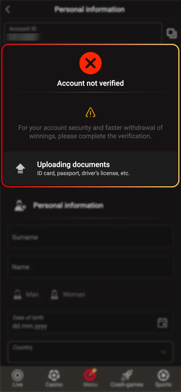 Verify your Pinco account details to enable withdrawals.