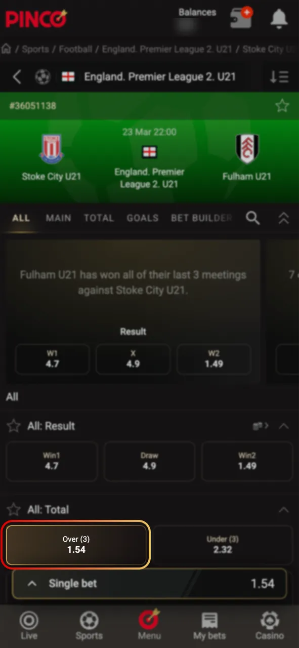 Tap the odds at Pinco for bets.