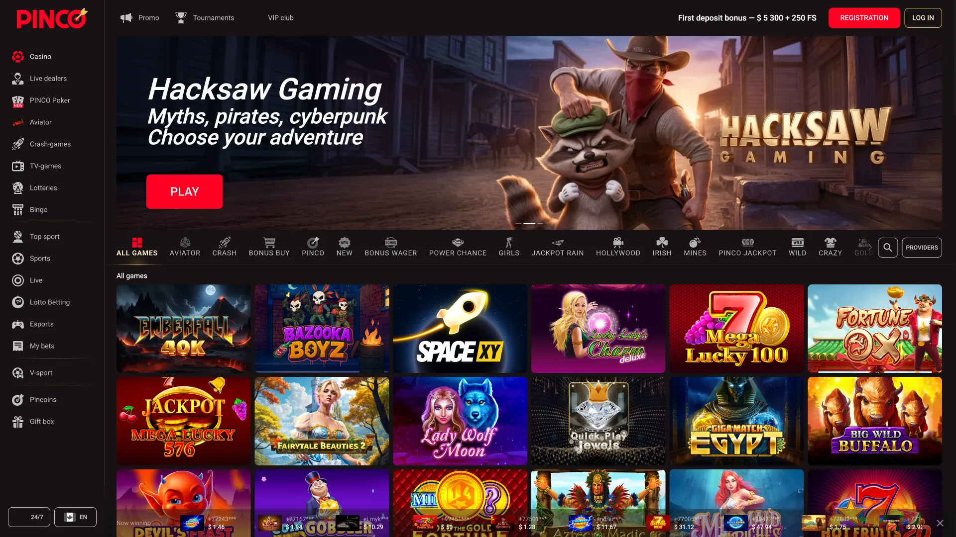 Browse the best slots and table games at Pinco.