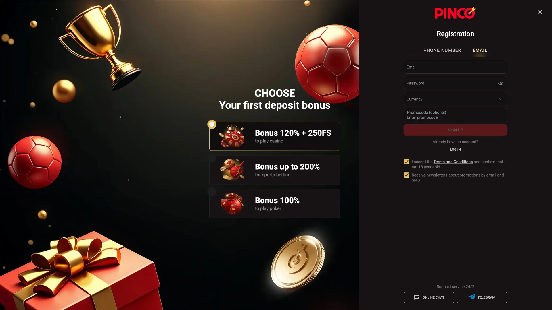 Register now at Pinco and get your first bonus.