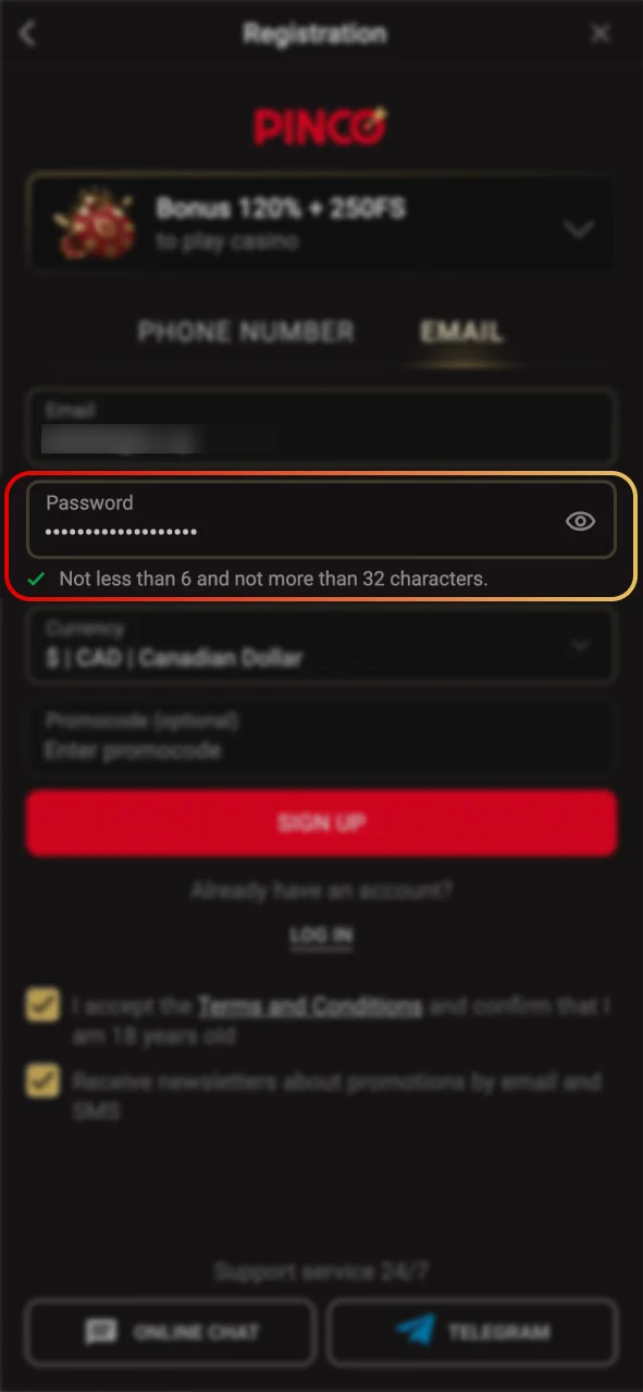 Create a strong, unique password for your Pinco account.