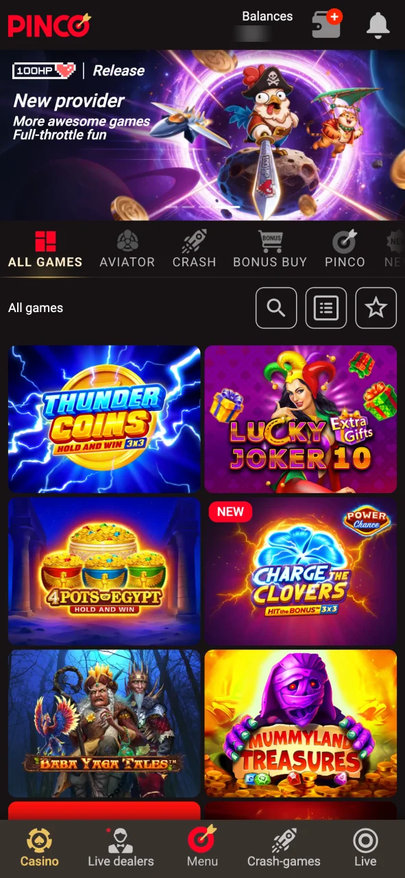 Open the Pinco gaming lobby on mobile or desktop.