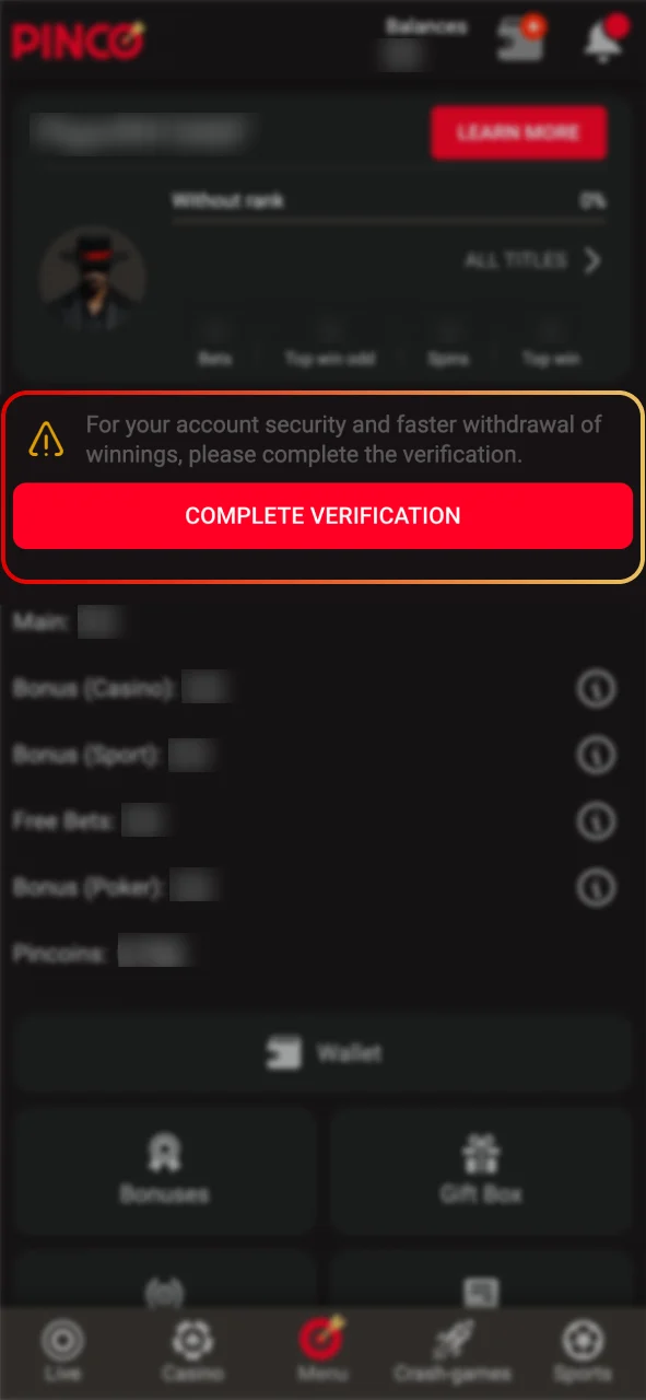 Complete Pinco KYC check to unlock secure payouts.