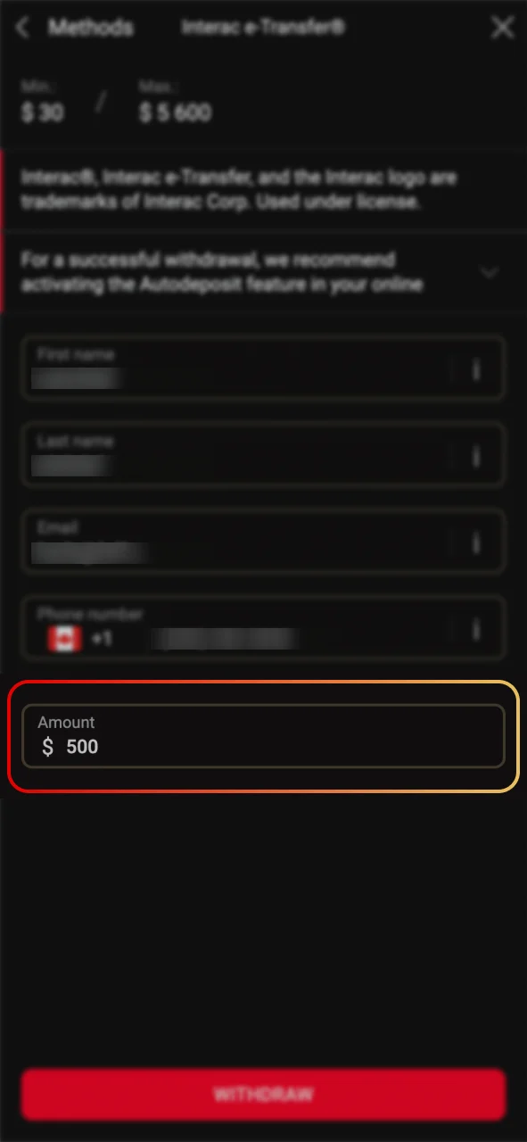 Enter your Pinco withdrawal amount in Canadian Dollars.