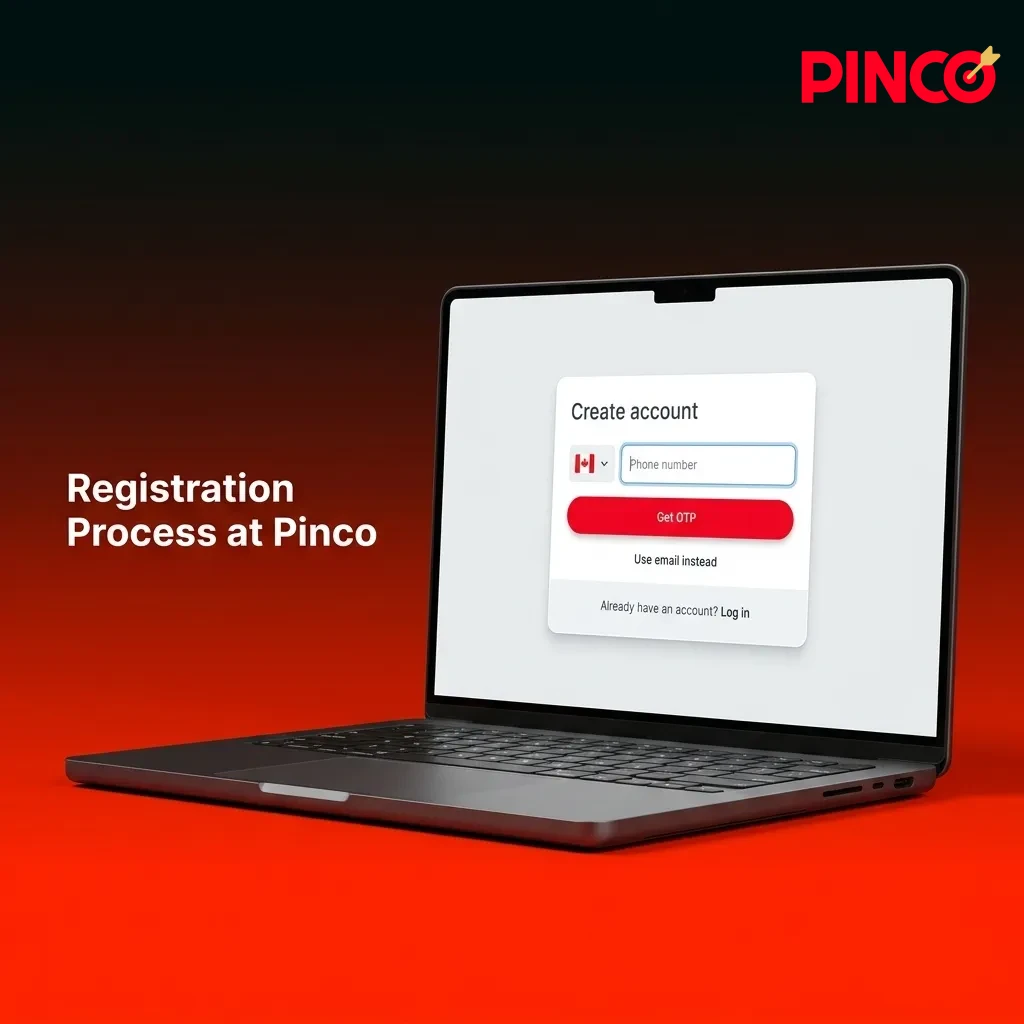 Screen showing Pinco sign-up flow: choose email/phone/social, enter details, verify code, set deposit/session limits.